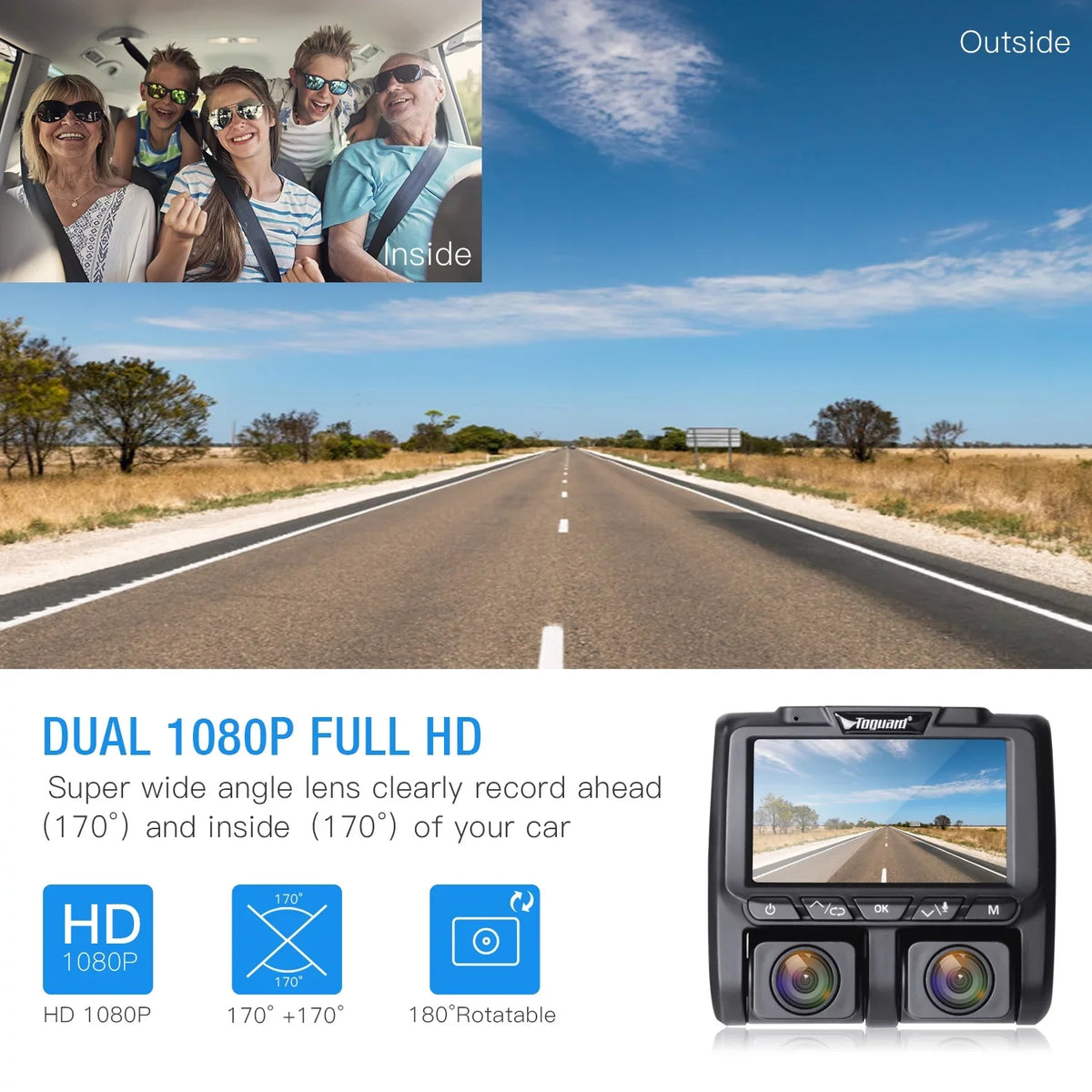 Full HD Dual Dash Cam, TOGUARD 1080P+1080P Front and Inside Car Camera Dash Cams 3" LCD Dashboard Camera Black
