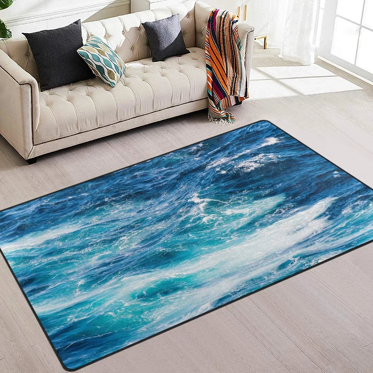 Wellsay Sea Ocean Wave Non Slip Area Rug for Living Dinning Room Bedroom Kitchen, 4' x 5'(48 x 63 Inches / 120 x 160 cm), Sea Ocean Wave Nursery Rug Floor Carpet Yoga Mat