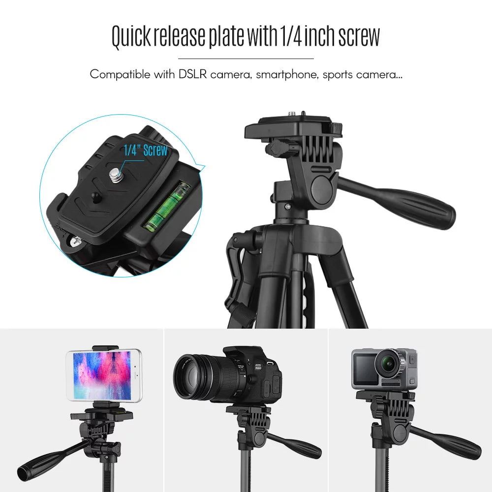 Andoer Lightweight Photography Tripod Stand Aluminum Alloy 3kg Load Capacity Max. Height 135cm/53in with Carry Bag Phone Holder for DSLR Camera Smartphone