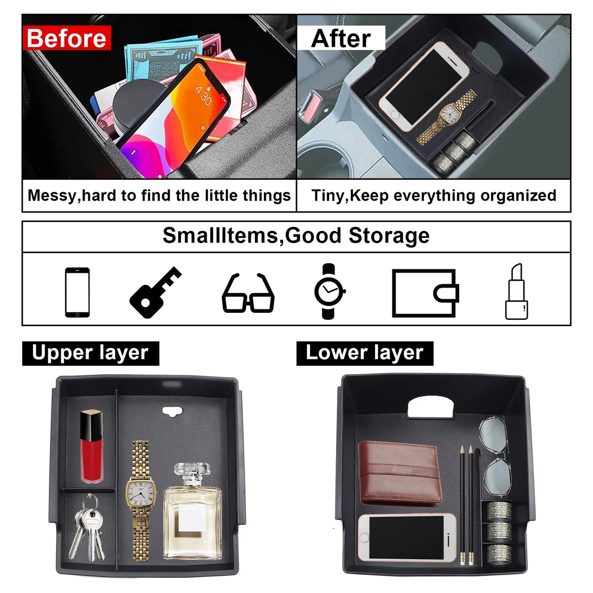 AUFER Center Console Organizer Tray,Car Central Control Storage Box Compatible with for Ford Bronco 2021 2022 2 Door 4 Door ABS Armrest Double Layer Storage Tray (2PCS)