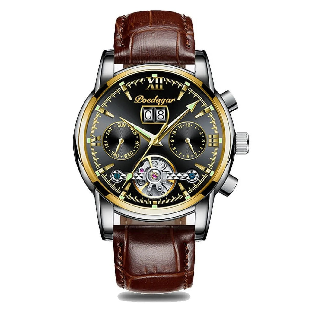 POEDAGAR New Luxury Men Mechanical Wristwatch Genuine Leather Automatic Clock Top Brand Sports Chronograph Men Watches