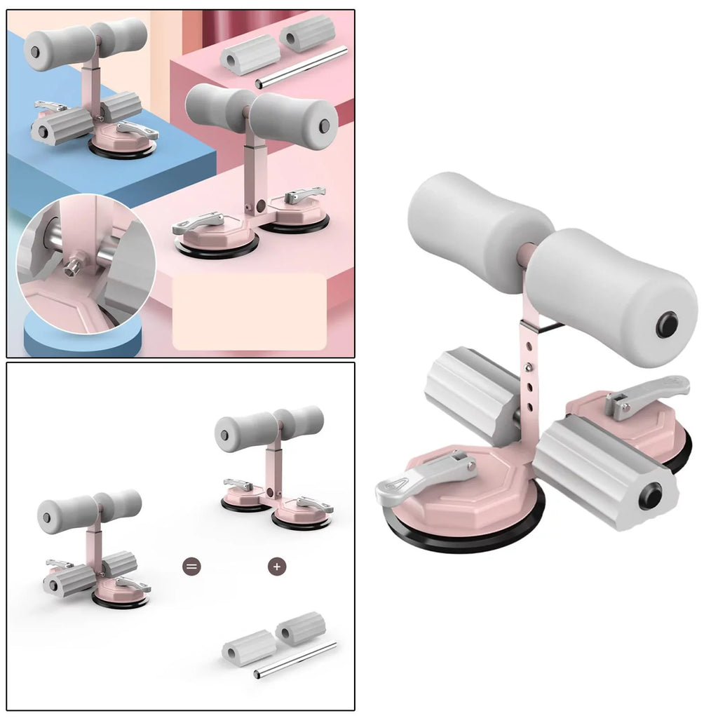 Floor Sitting Bar with Powerful Suction Cup 3 Height Settings Abs Equipment Abdominal Exercises - Pink Gray