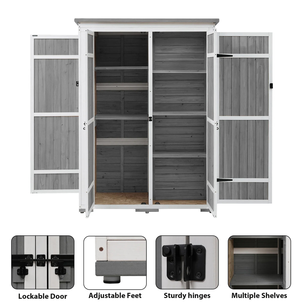 Homiyad Outdoor 5.5ft Hx4.1ft L Wood Storage Shed, Garden Tool Cabinet with Waterproof Asphalt Roof, Four Lockable Doors, Multiple-Tier Shelves, White and Gray