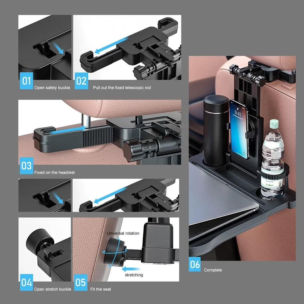 Multifunctional Car Back Seat Table: Adjustable Travel Tray with Phone Holder - Foldable, Ideal for Working, Writing, Eating - Convenient Black Design