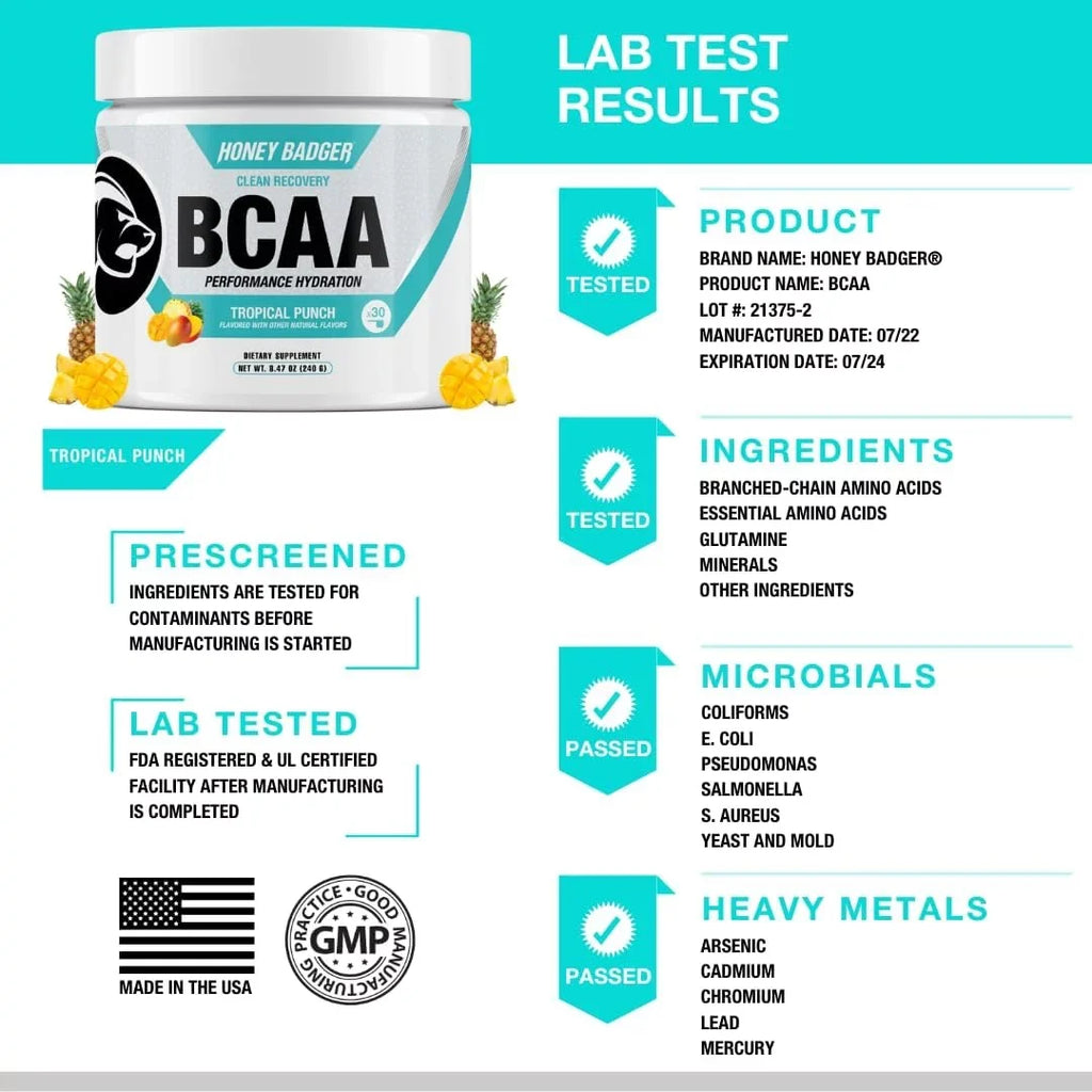 Honey Badger BCAA Amino Acids Electrolytes Powder, Keto, Vegan, Sugar Free BCAAs + EAA with L-Glutamine For Men & Women, Hydration & Post Workout Muscle Recovery Drink Mix, Tropical Punch, 30 Servings