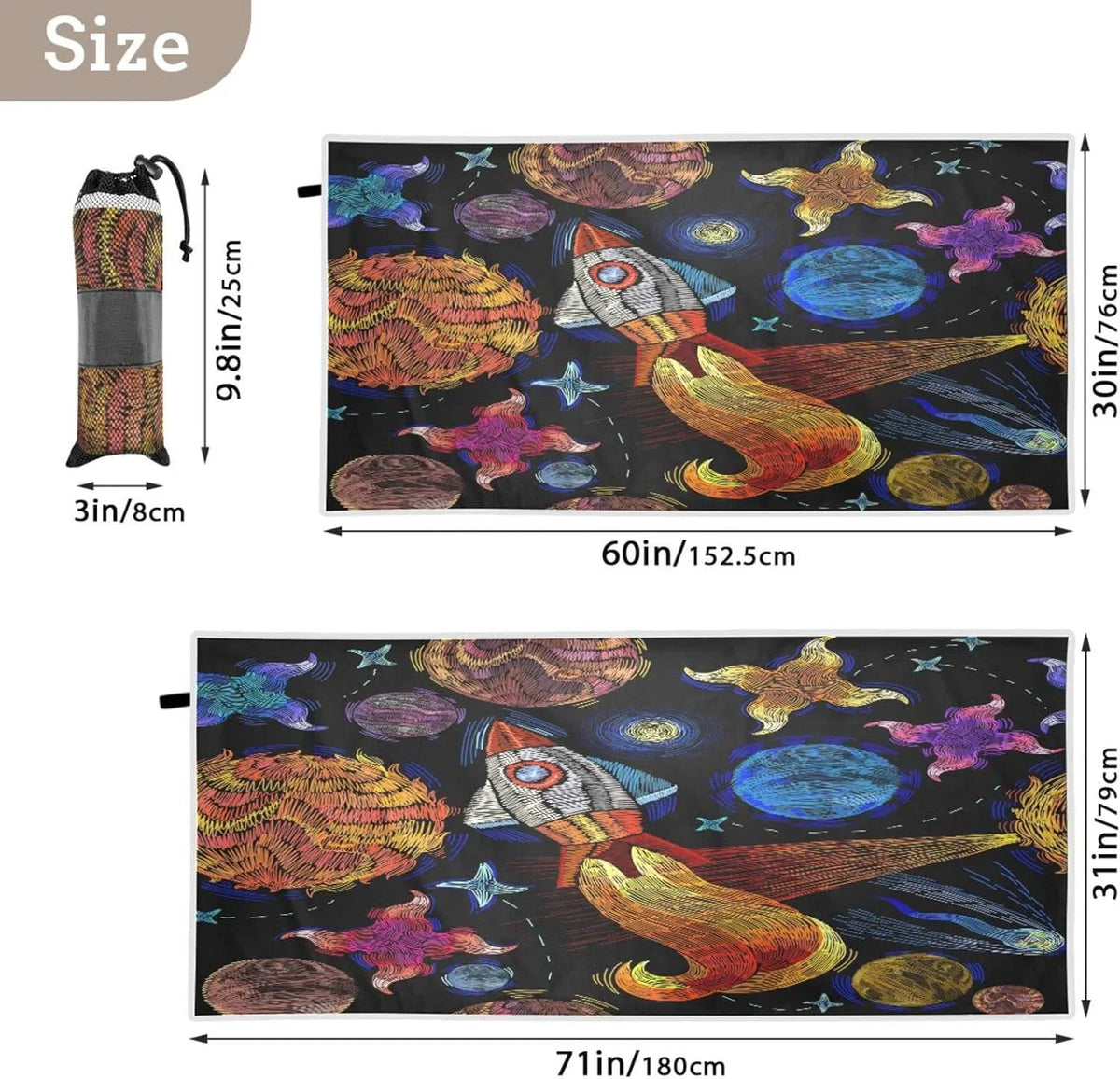 Bestwell Embroidered Universe Pattern Beach Towel - Lightweight Compact Oversized Travel Towels - Super Absorbent Quick Dry Towel for Swimming Camping Holiday（366）