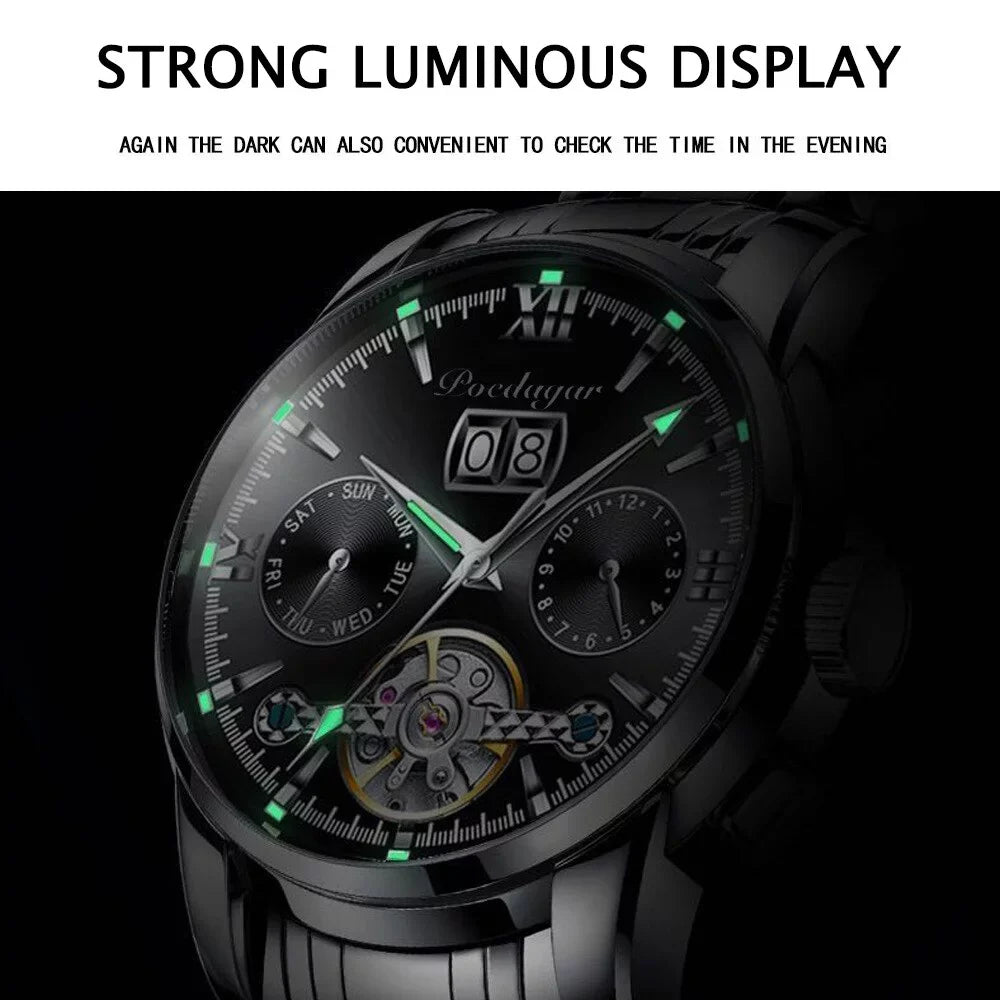 POEDAGAR New Luxury Men Mechanical Wristwatch Genuine Leather Automatic Clock Top Brand Sports Chronograph Men Watches