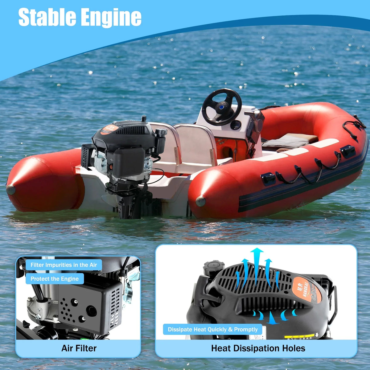 Fichiouy 6 HP 4 Stroke Outboard Motor Engine Tiller Shaft Boat Engine Air Cooling 2500rpm with CDI Water Air Cooling System 1:1.5
