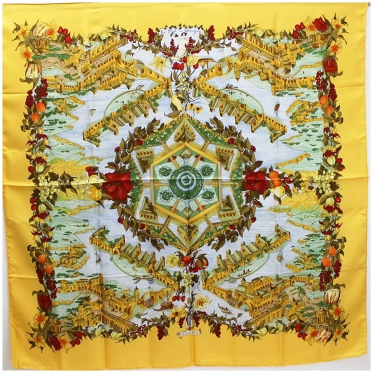 Pre-Owned Hermes Silk Scarf Carre 90 "Au pays de Cocagne" In Paradise Yellow HERMES | For Ladies (Good)