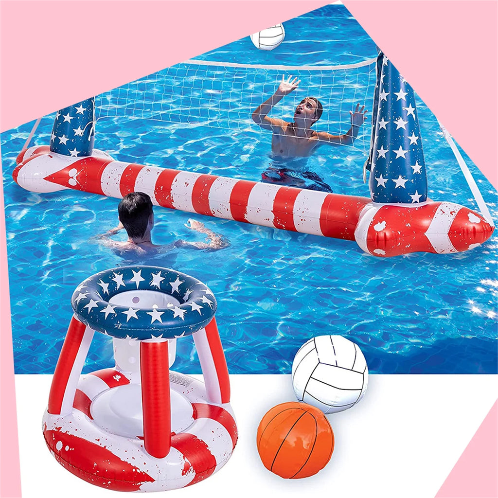 Air-filled Pool Flag Floats Set Volleyball Net & Basketball Hoops