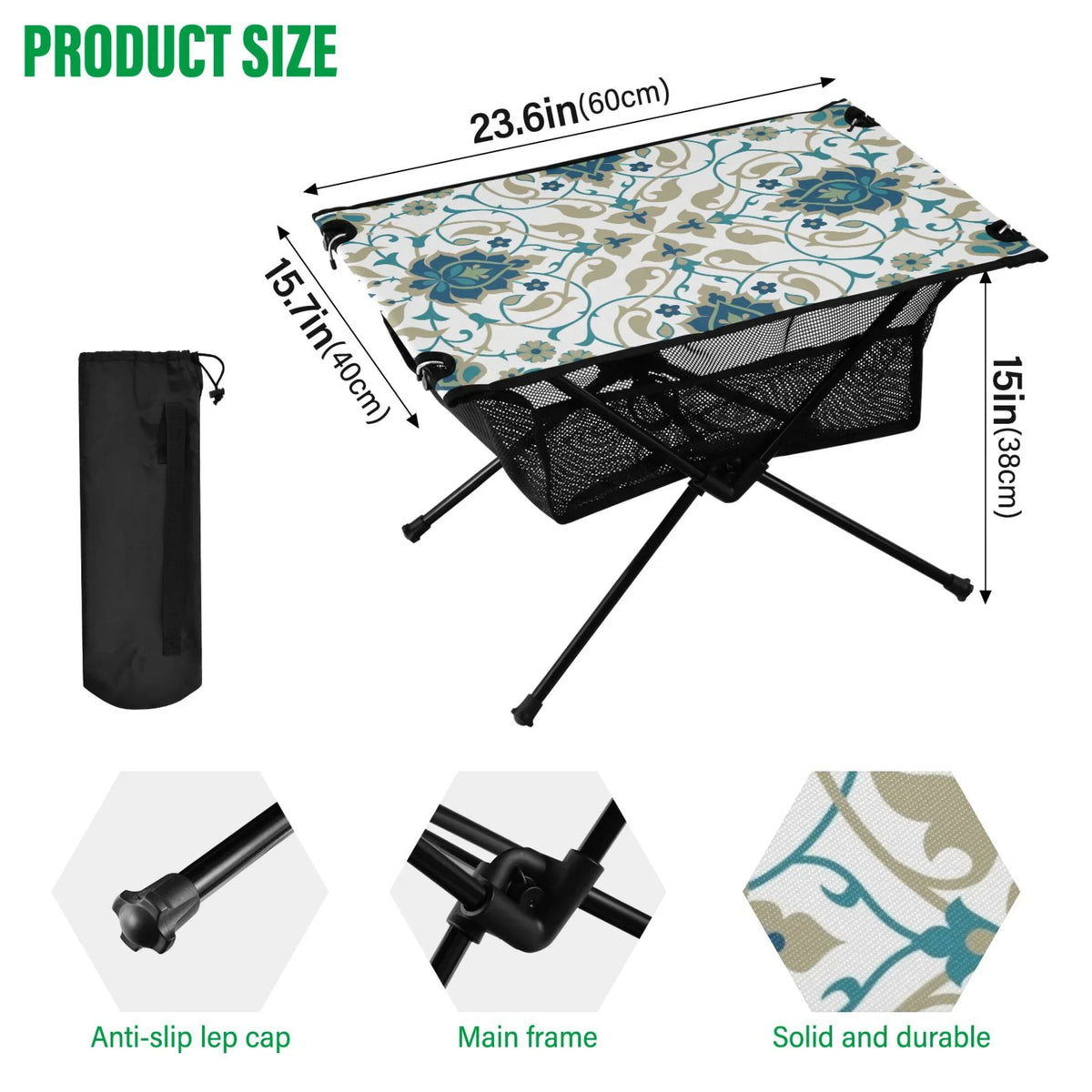 Indian Print Camping Folding Table Portable Beach Table with Storage Bag Compact Picnic Table for Outdoor Travel Fishing BBQ