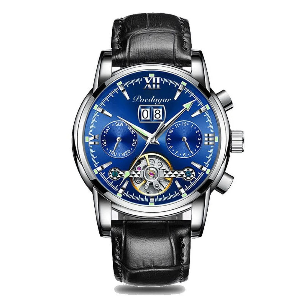 POEDAGAR New Luxury Men Mechanical Wristwatch Genuine Leather Automatic Clock Top Brand Sports Chronograph Men Watches