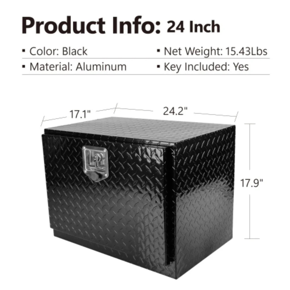 24 Inch Aluminum Stripes Plated Tool Box Pick Up Truck Bed RV Trailer Toolbox Waterproof Square Storage Organizer with Lock and Keys - Black Black + Aluminum + Square box + 24"(24.2"×17.1"×17.9")