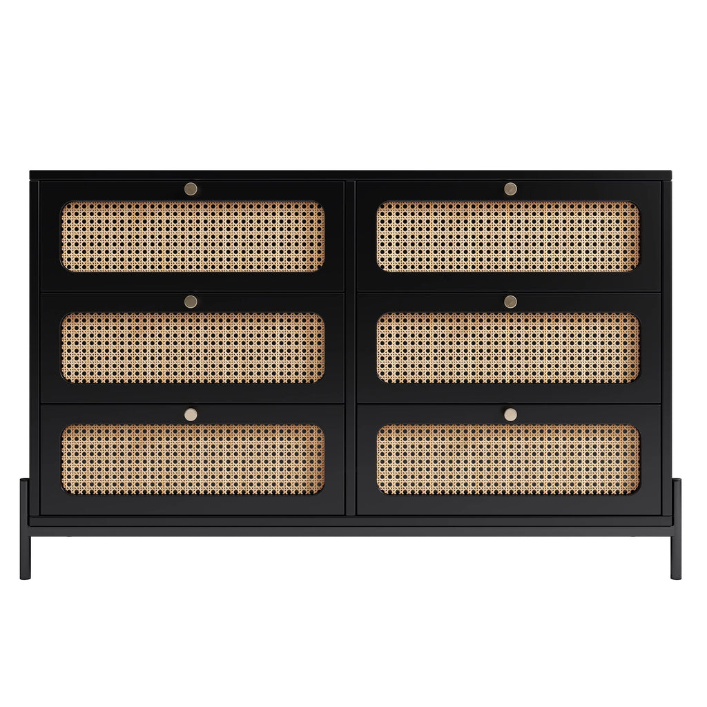 Al Fresco Accent Storage Cabinet with 6 Drawer, Modern Wide Chest of Drawers, 3 Tier Wood Dresser for Bedroom, Living Room, Entryway, Black