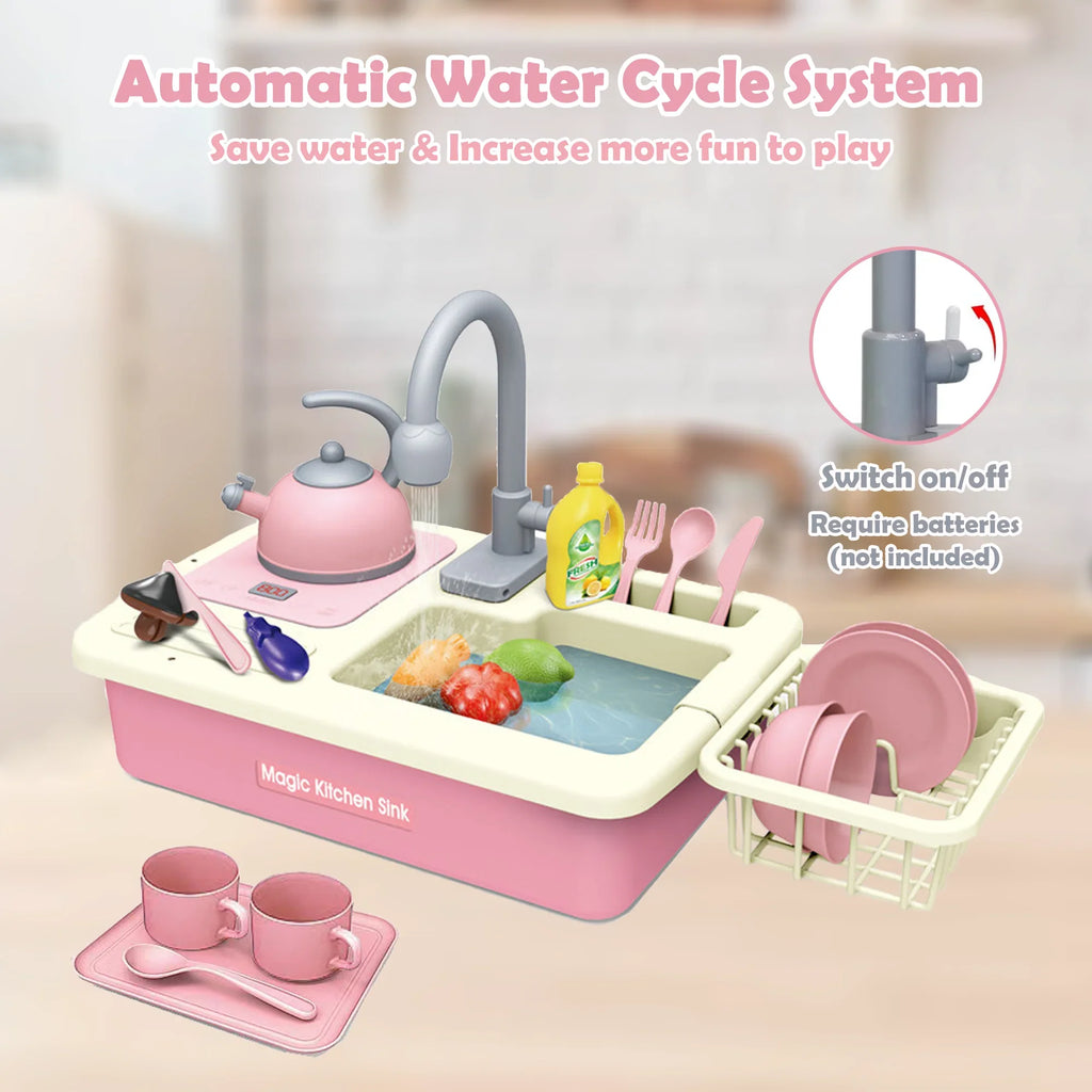 Richgv Pretend Play Kitchen Sink Toys with Running Water, 23PCS Electric Water Sink Toy with Play Induction Cooker Play Cutting Food, Kids Kitchen Role Play Toys for Boys Girls