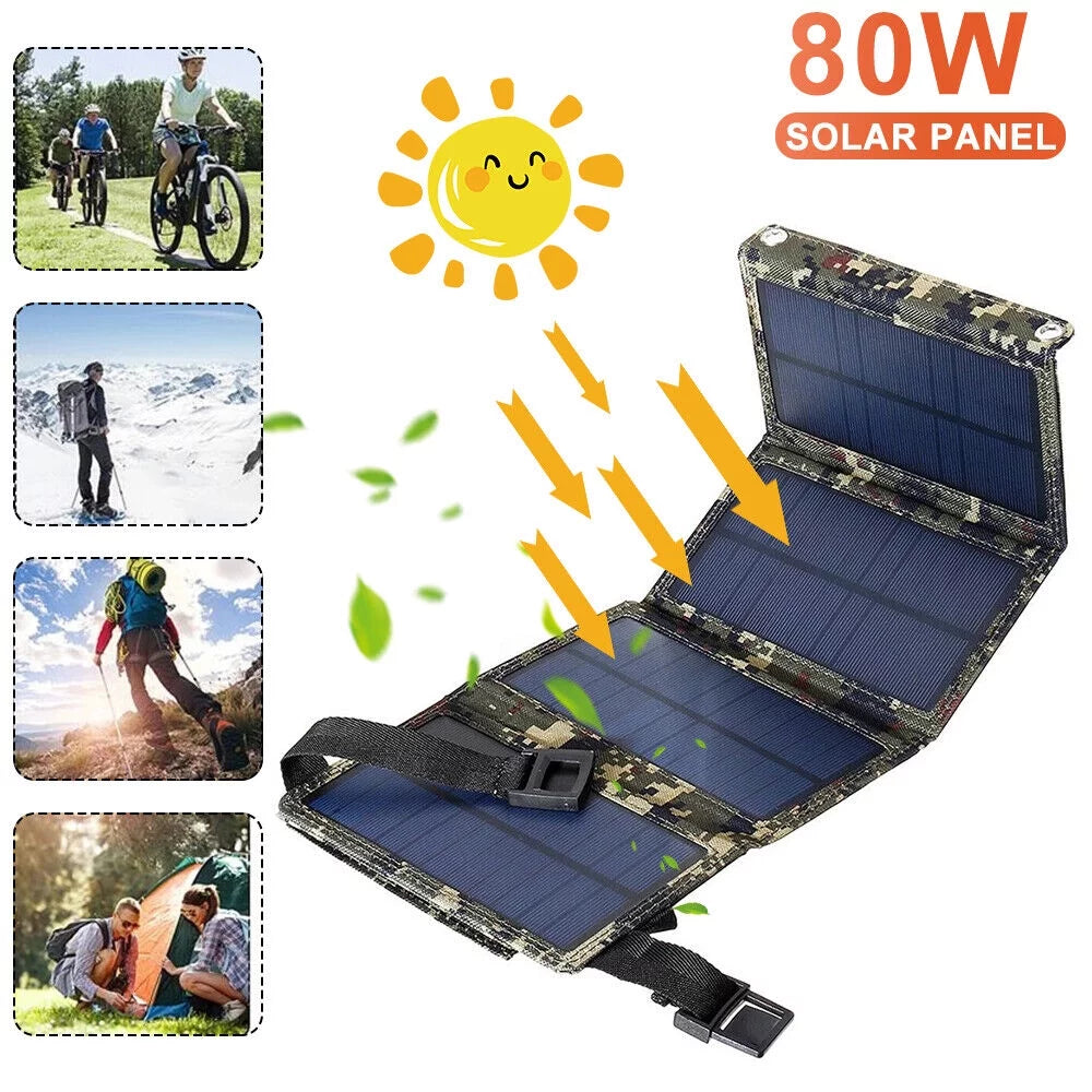Foldable Outdoor 80W USB Solar Panel Portable Phone Charger Camping Hiking Rechargeable Battery High Quality
