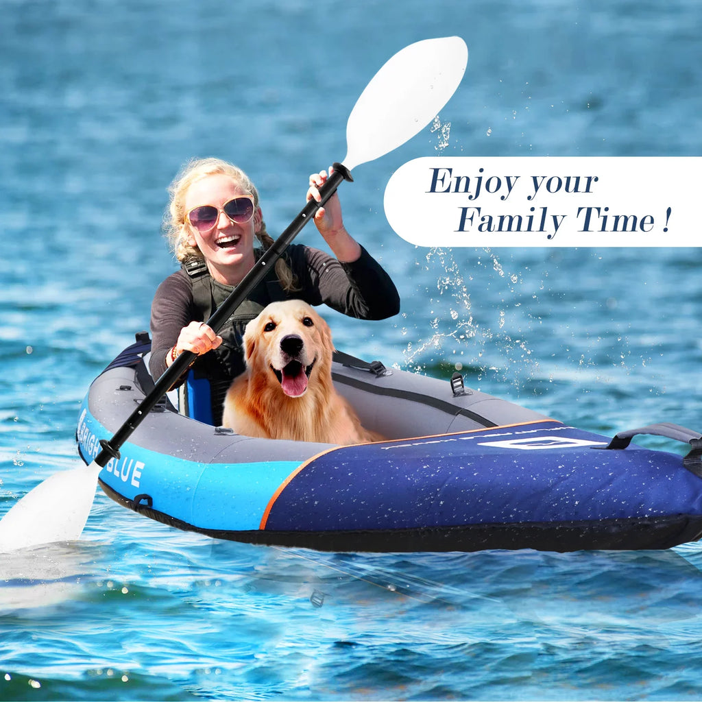 BRIGHT BLUE Blow-up Touring White Water Paddling Kayak 1-2 Persons sit-on with Paddles,Hand Pump,Backpack,Fins