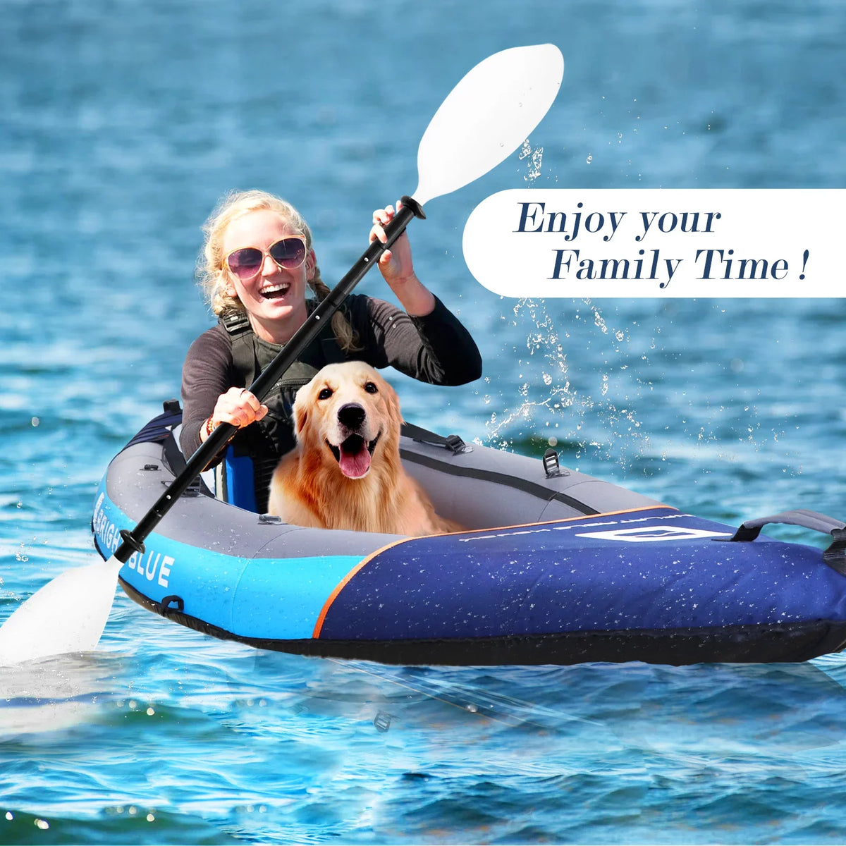 BRIGHT BLUE Blow-up Touring White Water Paddling Kayak 1-2 Persons sit-on with Paddles,Hand Pump,Backpack,Fins