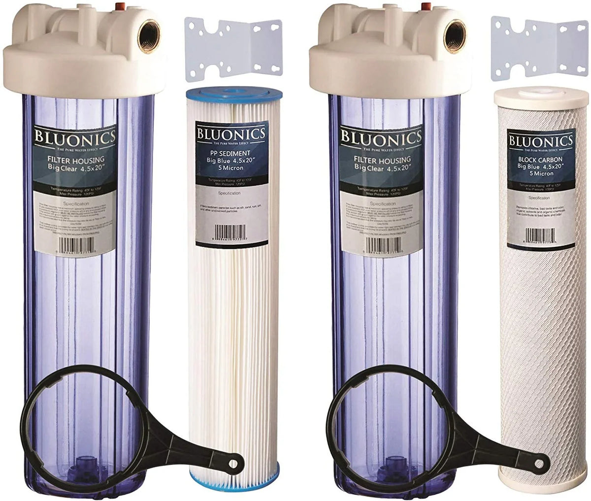 Two 20" Big Blue Whole House Water Filter w/Pleated Sediment & Carbon Filters Clear Blue Transparent Housings