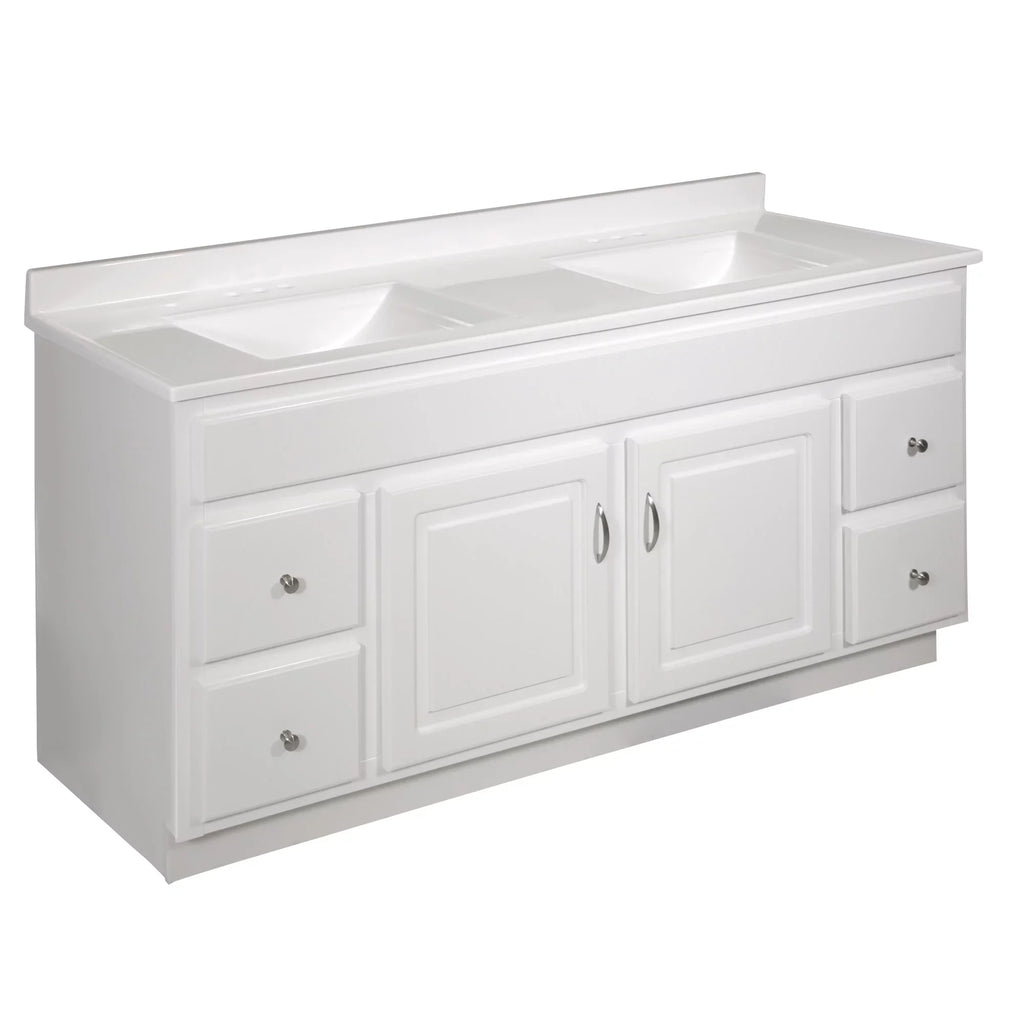 Design House 557678-WHT 61-inch Camilla Cultured Marble Centerset Mount Rectangle Double Bowl Vanity Top with Integrated Backsplash, Solid White