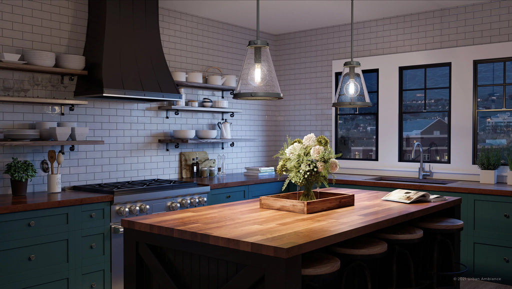 Luxury Modern Farmhouse Indoor Pendant, 14.75''H x 13.00''W, with Casual Style Elements, Transitional Design, Black Sand Finish and Clear Seeded Glass, UQL4290