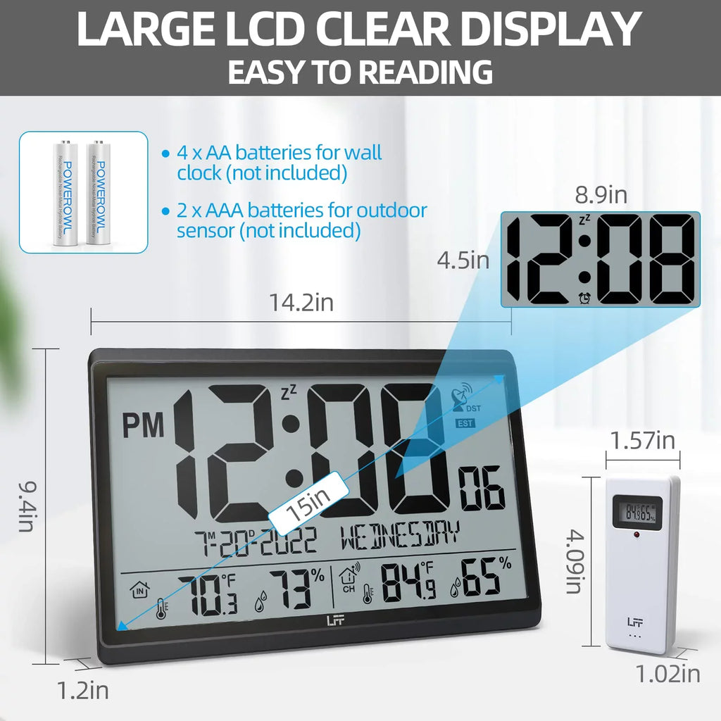 LFF Atomic Clock - Never Needs Setting, Battery Operated, 15" Atomic Wall Clock with Indoor Outdoor Temperature & Humidity, Digital Wall Clock with 4.5" Numbers Easy-to-Read, Black