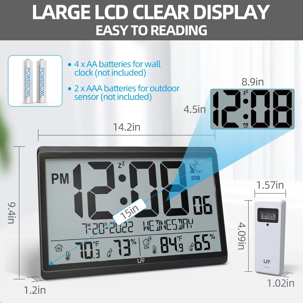 LFF Atomic Clock - Never Needs Setting, Battery Operated, 15" Atomic Wall Clock with Indoor Outdoor Temperature & Humidity, Digital Wall Clock with 4.5" Numbers Easy-to-Read, Black
