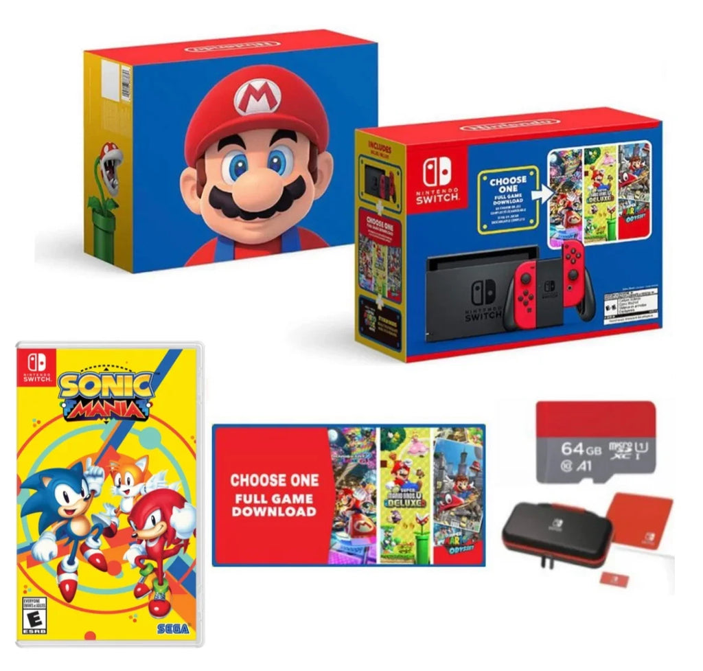 Nintendo Switch Mario 40th Edition - Red Joy-Con - Choose One of Three Download Mario Games + Sonic Mania + 64GB MicroSD Memory card + Switch Carrying Case