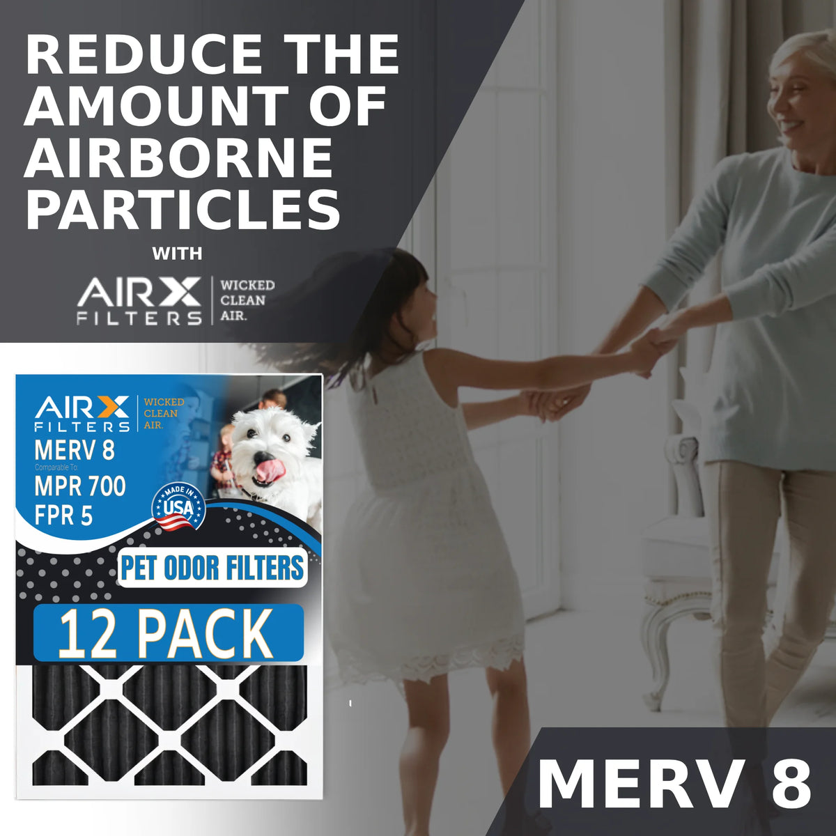 12x12x1 Air Filter MERV 8 Rating, 12 Pack of Furnace Filters Comparable to MPR 700, FPR 5, Pet Odor Retention Filters - Made in USA by AIRX FILTERS WICKED CLEAN AIR.