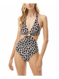 MICHAEL MICHAEL KORS Women's Burgundy Animal Print Stretch Cutout Ring Tie Removable Cups Deep V Neck Full Coverage Halter One Piece Swimsuit 6