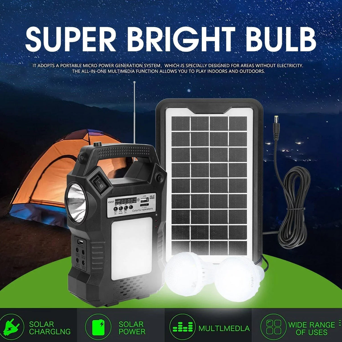 DFITO Portable Solar Powered Station, Rechargeable Solar Generator, Dual Way To Charge, Solar Panel Power Bank with 3 LED Bulbs Flashlight for Hiking Camping Emergency