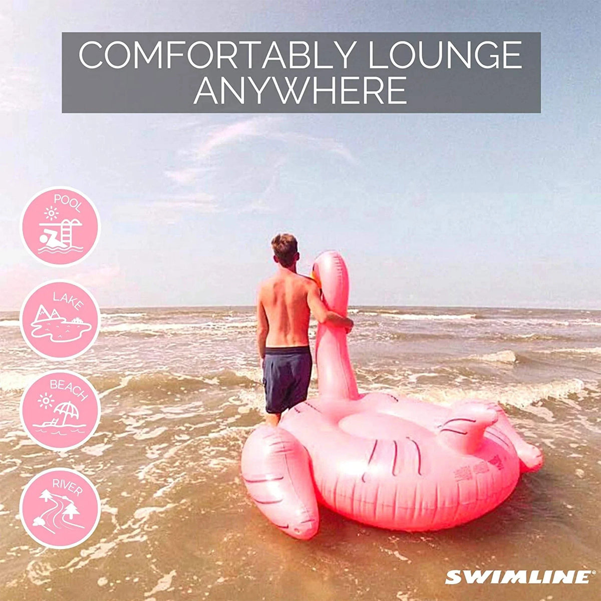 SWIMLINE ORIGINAL 90627 Giant Air-filled Flamingo Pool Float Floatie Ride-On Lounge W/ Stable Legs Wings Large Rideable Blow Up Summer Beach Swimming Party Lounge Big Raft Tube Decoration Toys Kids