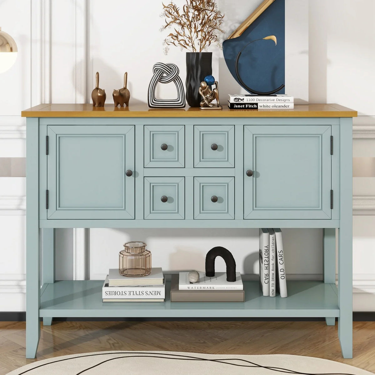 TREXM Cambridge Series Ample Storage Vintage Console Table with Four Small Drawers and Bottom Shelf for Living Rooms Entrances and Kitchens (Antique Gray OLD SKU WF190263AAE)