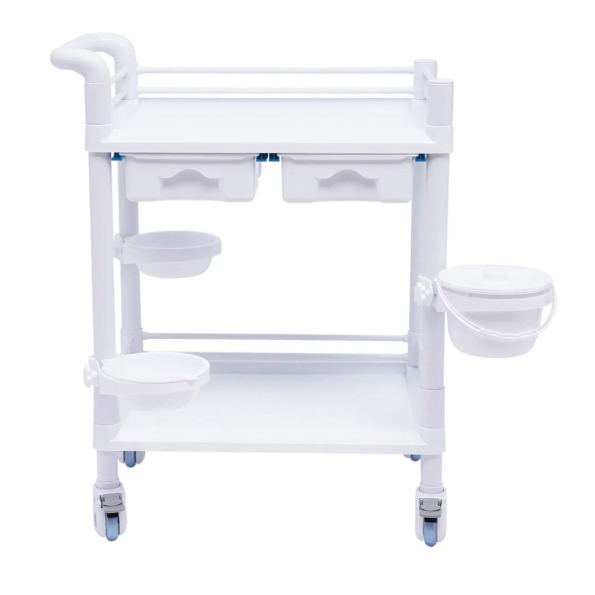 Miumaeov Medical Trolley 2 Tier Spacious Beauty Salon Rolling Trolley with Dirt Buckets Drawers 360°Rotate Wheels Heavy Duty Medical Utility Cart for Hospital Dental Clinic