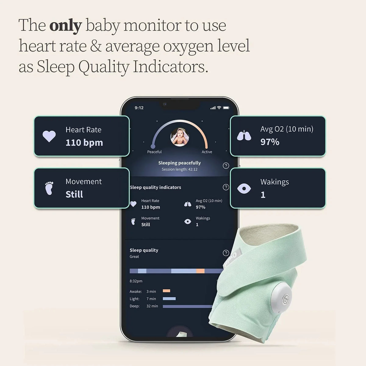 Owlet Dream Sock Plus Portable Video Baby Monitor - Track Heart Rate and Average Oxygen O2 Sleep Quality Indicators - Mint Green