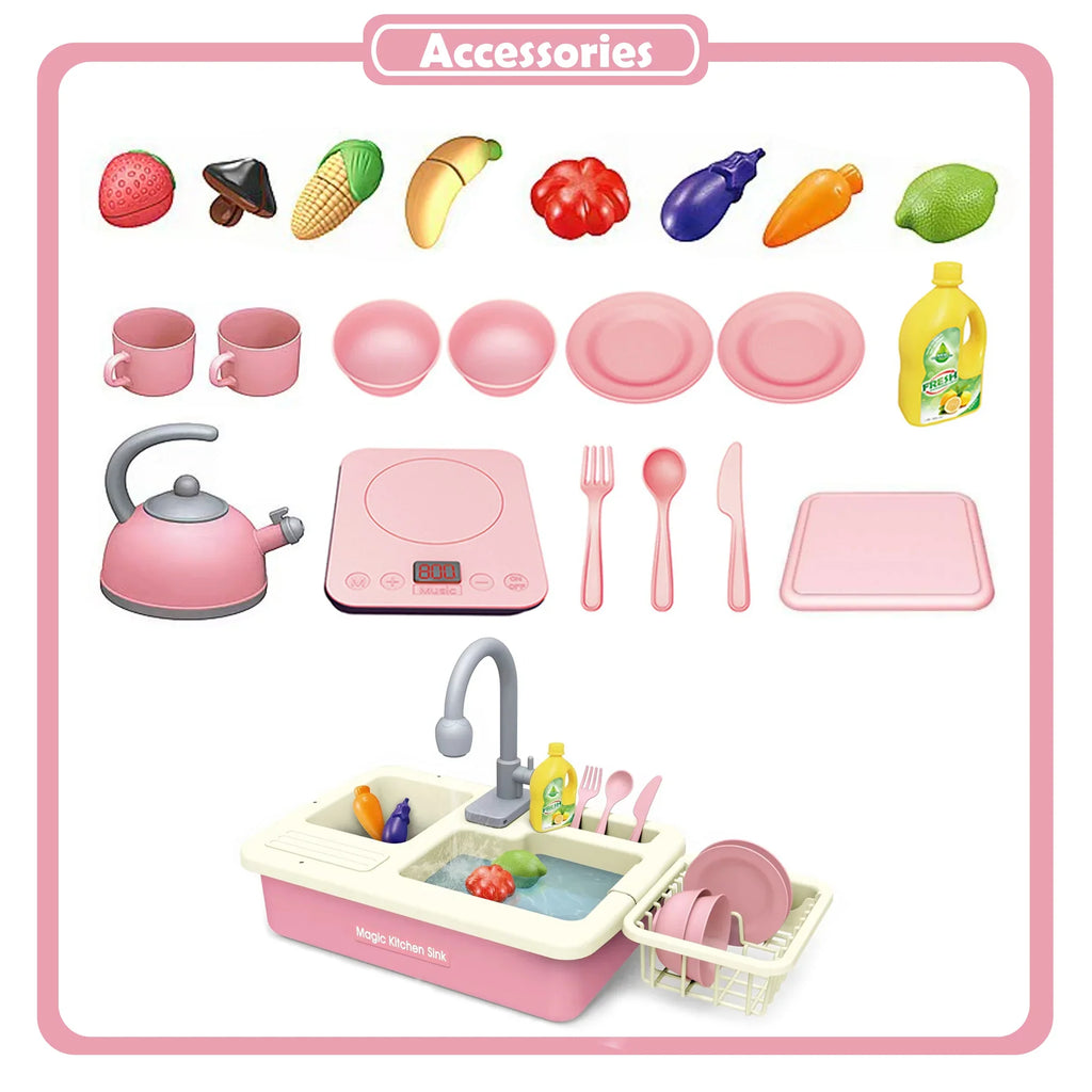 Richgv Pretend Play Kitchen Sink Toys with Running Water, 23PCS Electric Water Sink Toy with Play Induction Cooker Play Cutting Food, Kids Kitchen Role Play Toys for Boys Girls