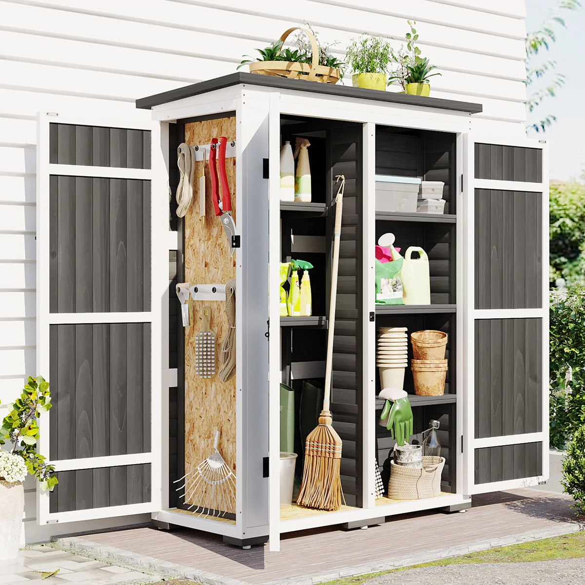 Homiyad Outdoor 5.5ft Hx4.1ft L Wood Storage Shed, Garden Tool Cabinet with Waterproof Asphalt Roof, Four Lockable Doors, Multiple-Tier Shelves, White and Gray