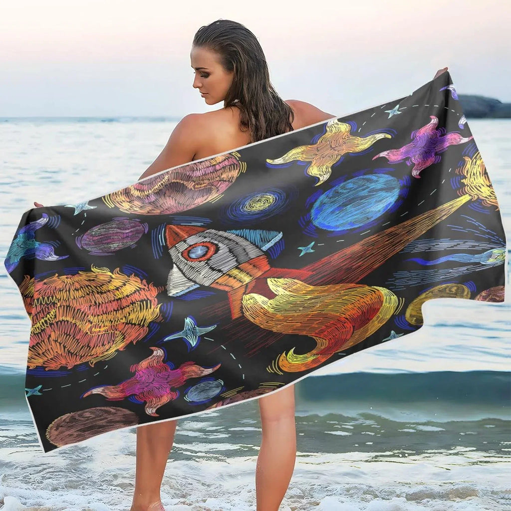 Bestwell Embroidered Universe Pattern Beach Towel - Lightweight Compact Oversized Travel Towels - Super Absorbent Quick Dry Towel for Swimming Camping Holiday（366）