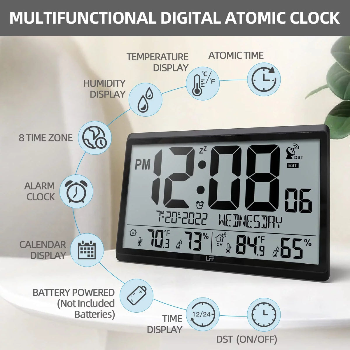 LFF Atomic Clock - Never Needs Setting, Battery Operated, 15" Atomic Wall Clock with Indoor Outdoor Temperature & Humidity, Digital Wall Clock with 4.5" Numbers Easy-to-Read, Black