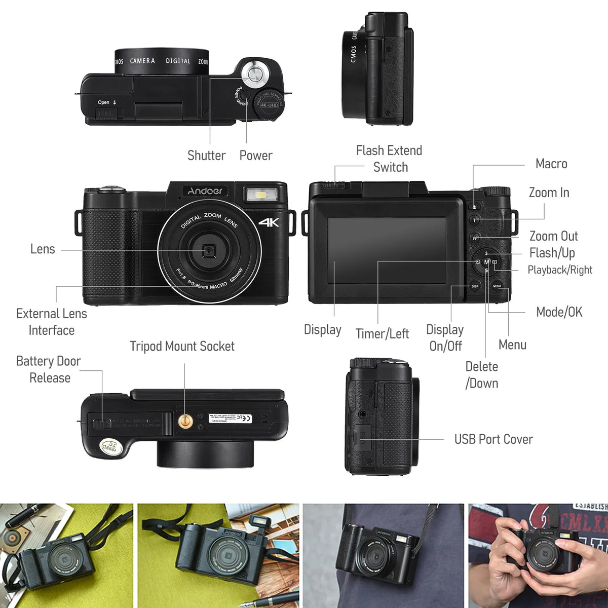 Andoer-2 Digital camera,TFT Rotatable Screen Rotatable Screen 48MP 16X Support 3.0-inch TFT Rotatable 2pcs Batteries Screen 48MP 4K Camera 3.0-inch TFT Portable Camera 3.0-inch 48MP 4K dsfen