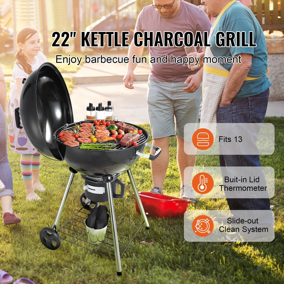 Skyflow 22 inch Kettle Charcoal Grill Outdoor Picnic Patio Barbecue Cooking, Portable Grill Propane Gas Kettle Grills w/Cover, Iron & Steel Small BBQ Grill