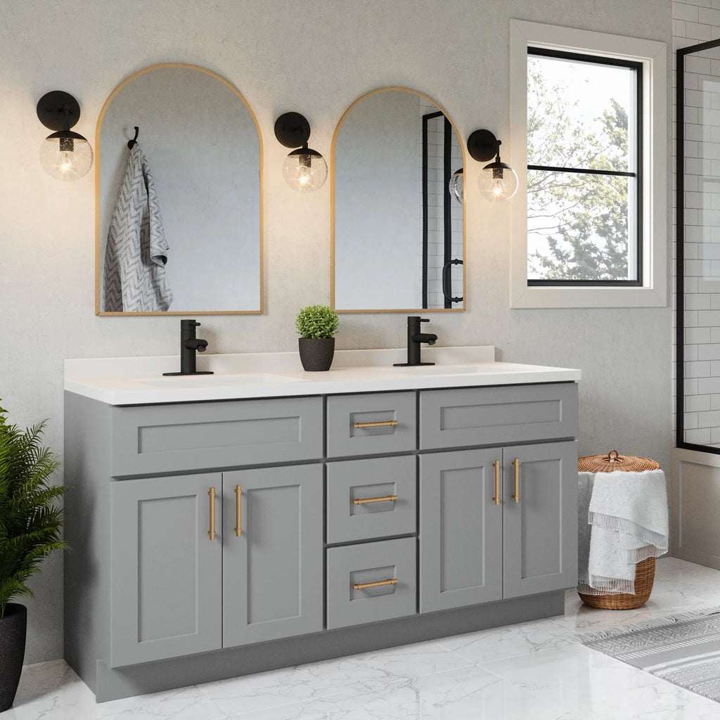 Design House 557678-WHT 61-inch Camilla Cultured Marble Centerset Mount Rectangle Double Bowl Vanity Top with Integrated Backsplash, Solid White