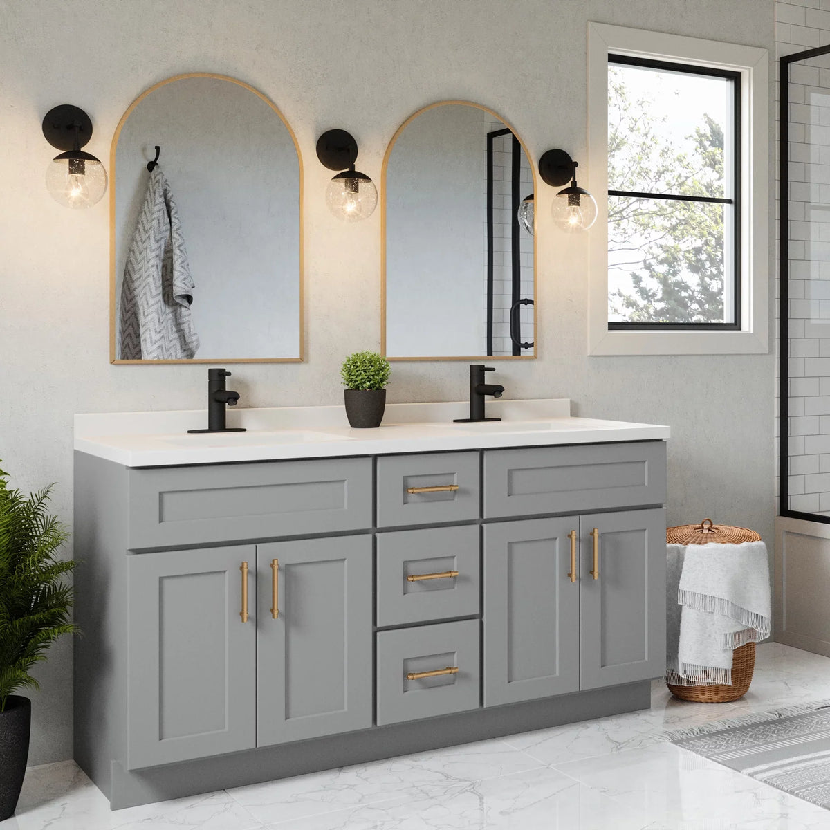 Design House 557678-WHT 61-inch Camilla Cultured Marble Centerset Mount Rectangle Double Bowl Vanity Top with Integrated Backsplash, Solid White