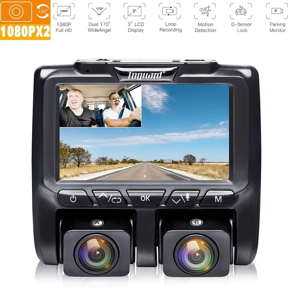Full HD Dual Dash Cam, TOGUARD 1080P+1080P Front and Inside Car Camera Dash Cams 3" LCD Dashboard Camera Black