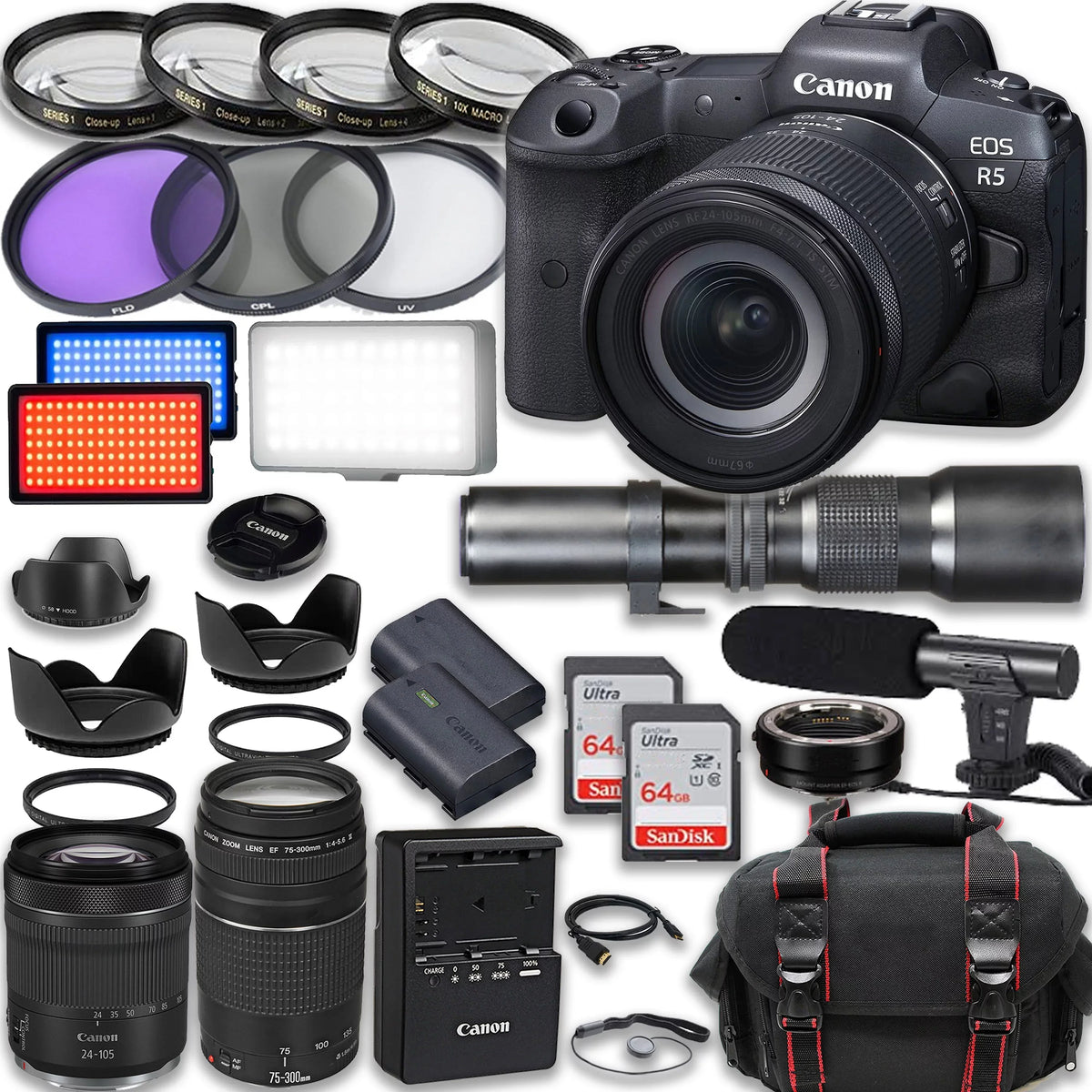 Canon EOS R5 Full Frame Mirrorless Camera with RF 24-105mm STM & 75-300mm III + 500mm f/8 Focus Lenses, Accessories: 2X 64GB Memory Cards, LED Video Light, Microphone, Extra Battery, Case & More