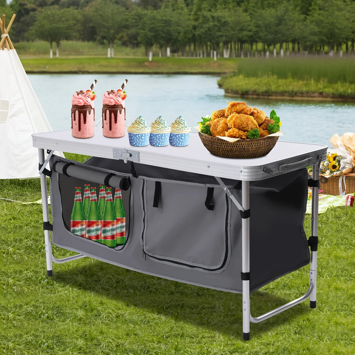Folding Camping Table with Storage Compartment Lightweight Camp Kitchen Table Height Adjustable Indoor Outdoor Table Perfect for Tailgating Backyards BBQ Picnic