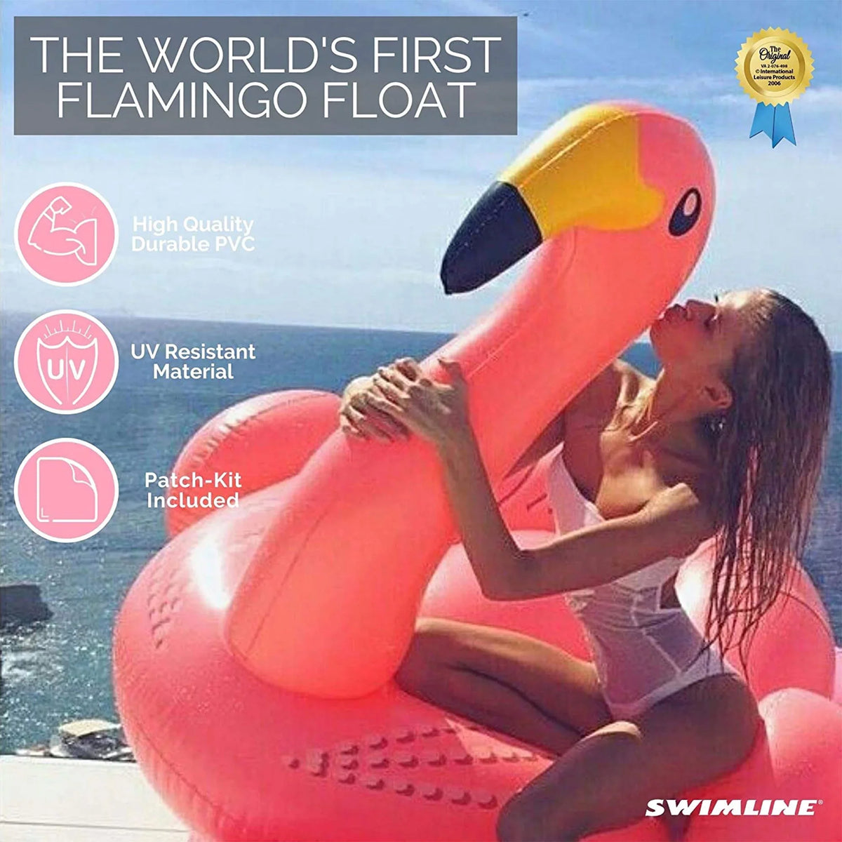 SWIMLINE ORIGINAL 90627 Giant Air-filled Flamingo Pool Float Floatie Ride-On Lounge W/ Stable Legs Wings Large Rideable Blow Up Summer Beach Swimming Party Lounge Big Raft Tube Decoration Toys Kids