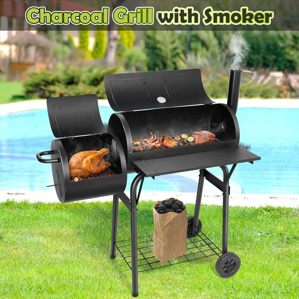 Outdoor BBQ Grill, Barrel Charcoal Grill with Offset Smoker, Camping Barbecue Grill for Patio Backyard Garden Party Picnic, Large 420.SQ.IN Cooking Area, 2 Screwdrivers & 6 Hooks - Black
