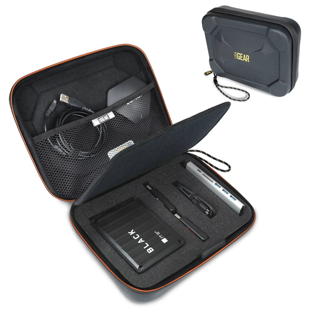 USA GEAR External Hard Drive Case, EVA Foam Hard Shell, Customizable Foam Interior - Black