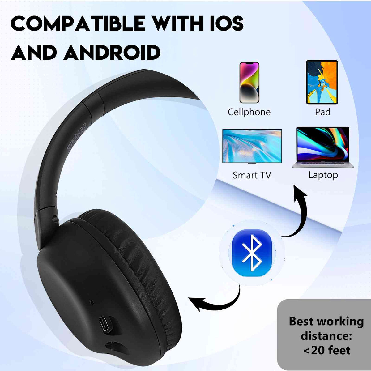 UrbanX UX35 Wireless Bluetooth Stereo Earphones with High Resolution Audio, Deep Bass, Superior Comfort Over The Ear Headphones with Mic for HTC Desire 625 Phone Call Support